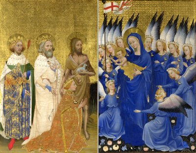 Richard II gepresenteerd aan de Maagd en het Kind door zijn beschermheilige Johannes de Doper en de heiligen Edward en Edmund (Het Wilton-diptiek) door Unknown